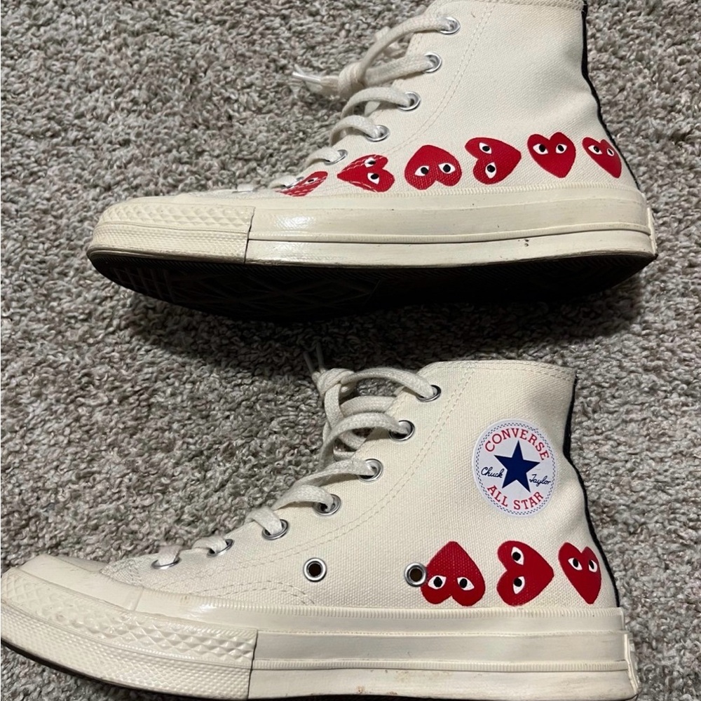 Converse Cream High-Top Sneakers with Red Heart Graphics